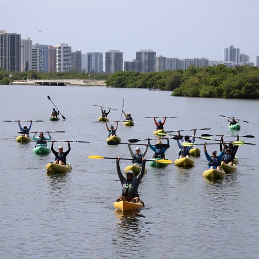 Participants in the 2026 Educator Workshop on Research and Conservation Around the Lake Worth Lagoon kayaking out of John D. MacArthur Beach State Park with mentors from Palm Beach County Department of Environmental Resources Management. Photo Credit: Caroline Skae, PBC ERM