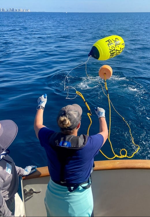 Teacher throwing drumline float from R/V ANGARI during a Coastal Ocean Explorers: Sharks expedition.